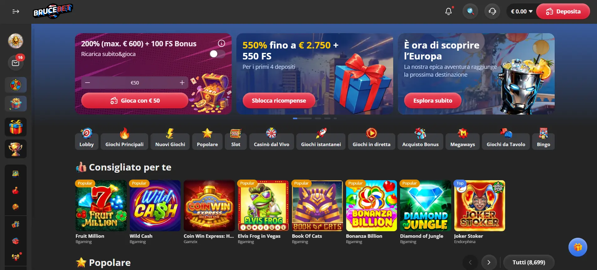 Bruce Bet Casino non AAMS – screenshot lobby agosto 2026